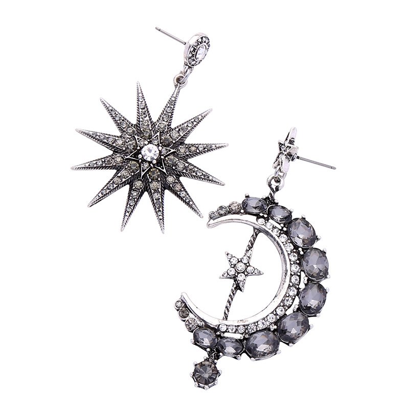 EM1110 Hot Sale Celestial Jewelry Crystal Pave Moon Crescent and Star Mismatched Miss Match Dangle Drop Stud Earrings for Women