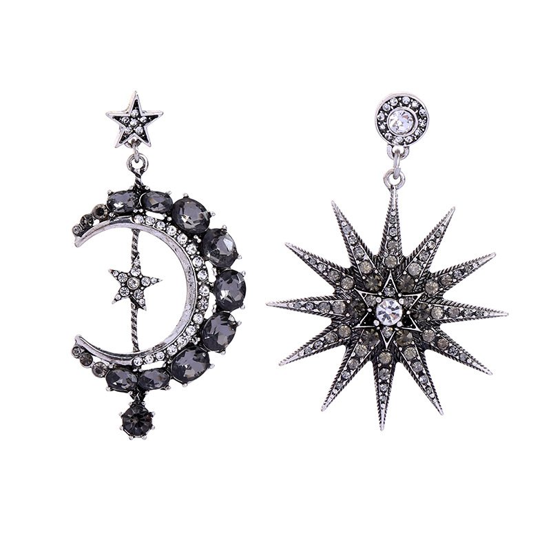 EM1110 Hot Sale Celestial Jewelry Crystal Pave Moon Crescent and Star Mismatched Miss Match Dangle Drop Stud Earrings for Women