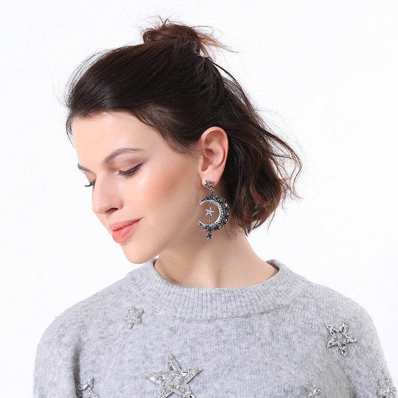 EM1110 Hot Sale Celestial Jewelry Crystal Pave Moon Crescent and Star Mismatched Miss Match Dangle Drop Stud Earrings for Women