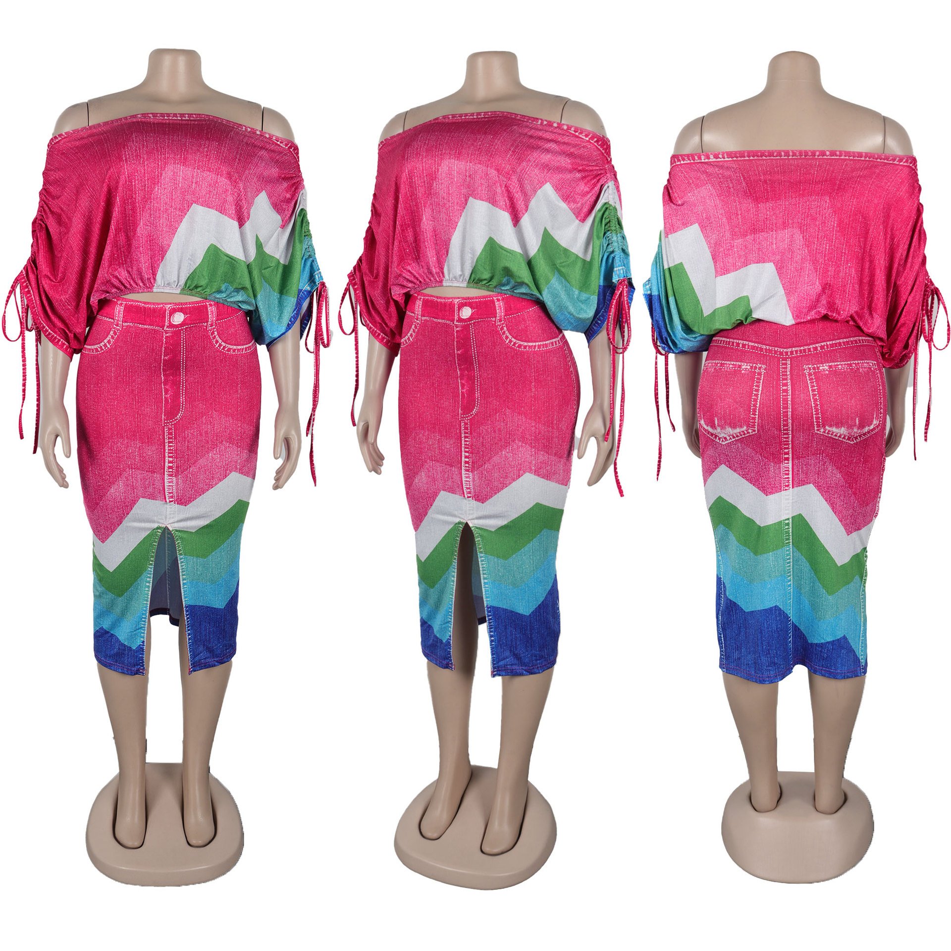 Fall Spring Summer Color Block Printing Long Sleeve Crop Top Long Skirt 2 Piece Set Matching Set Women Two Piece Skirt Set