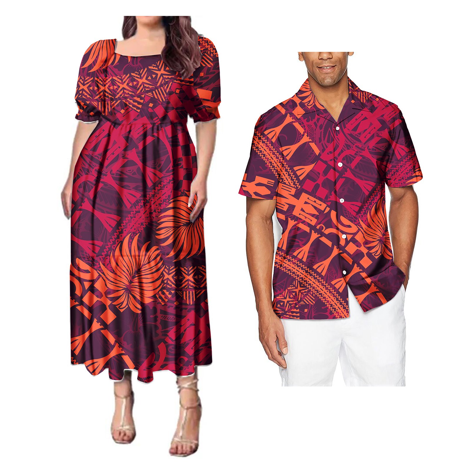 Tapa Polynesian Tribal Design Samoan Mumu Dress Matching Men Shirts Traditional Clothing Maxi Dress Couple Clothes 2pcs