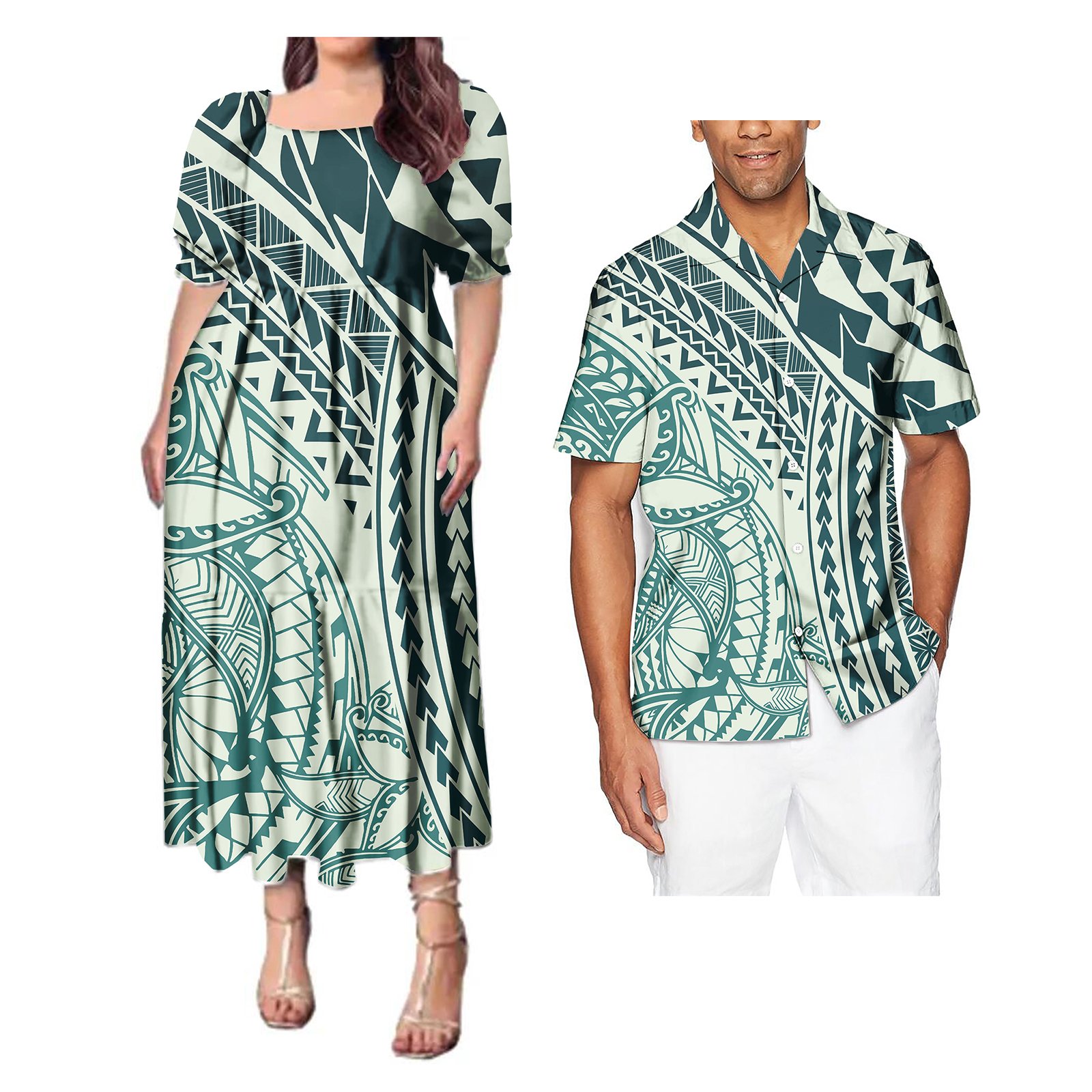 Tapa Polynesian Tribal Design Samoan Mumu Dress Matching Men Shirts Traditional Clothing Maxi Dress Couple Clothes 2pcs