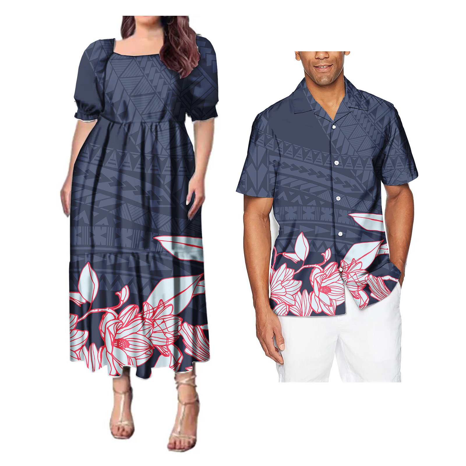 Tapa Polynesian Tribal Design Samoan Mumu Dress Matching Men Shirts Traditional Clothing Maxi Dress Couple Clothes 2pcs