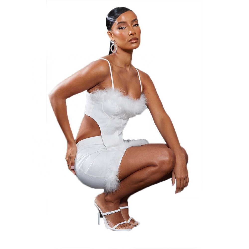 KY SEXY Club WHITE FEATHERs TRIM CUP Denim Mini Skirts and Curved Hem Crop Top Matching Jean Outfits for Women