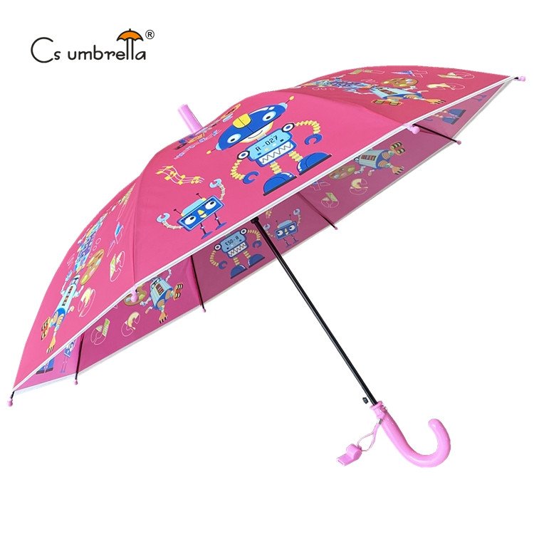 YS-6023 Factory Hot Sell Match color Handle Custom Cartoon Printing Straight POE Children Auto Open Umbrella With Whistle