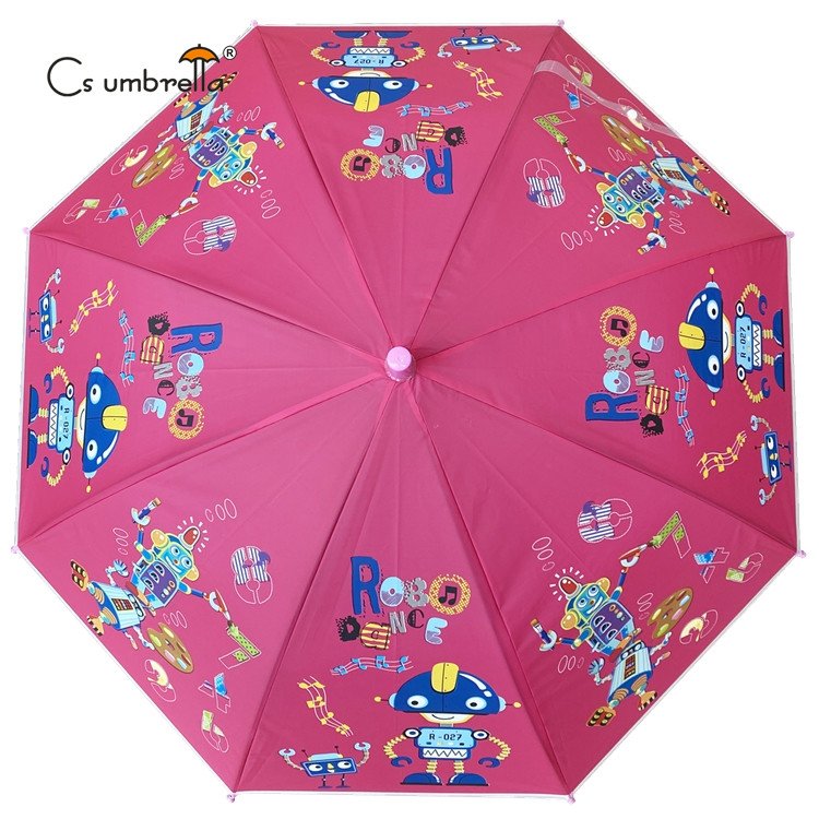 YS-6023 Factory Hot Sell Match color Handle Custom Cartoon Printing Straight POE Children Auto Open Umbrella With Whistle