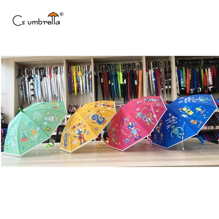 YS-6023 Factory Hot Sell Match color Handle Custom Cartoon Printing Straight POE Children Auto Open Umbrella With Whistle