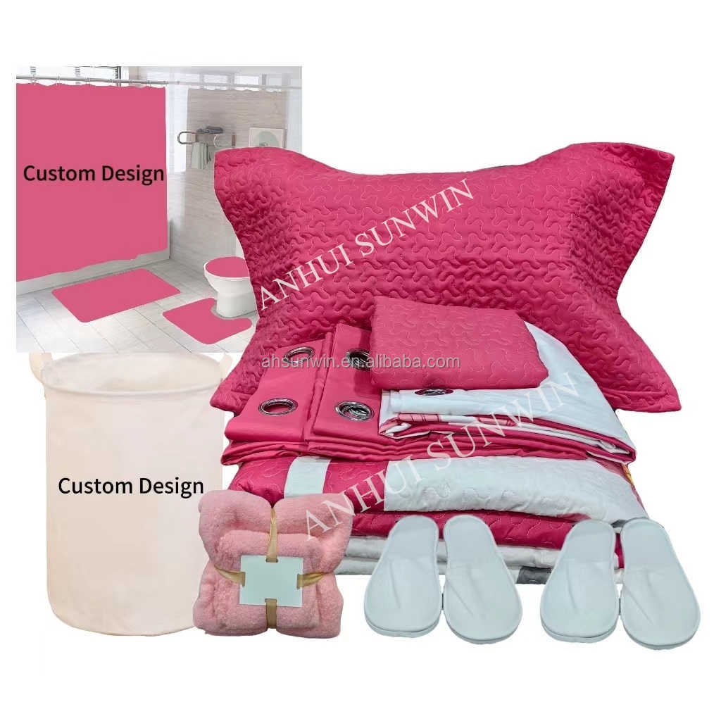 China Factory 24 pieces bed cover with curtains wholesale king size 24 pcs bed cover with matching bathroom set bedspread set