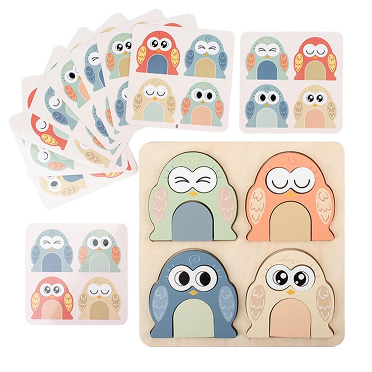 New design 3d face changing game Expressions Matching Blocks wooden cartoon owl puzzle with cards