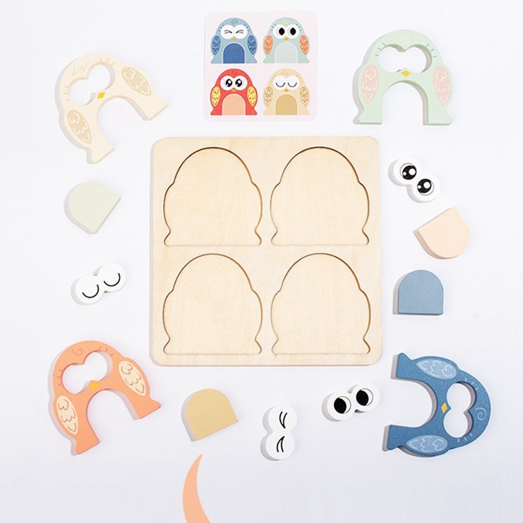 New design 3d face changing game Expressions Matching Blocks wooden cartoon owl puzzle with cards