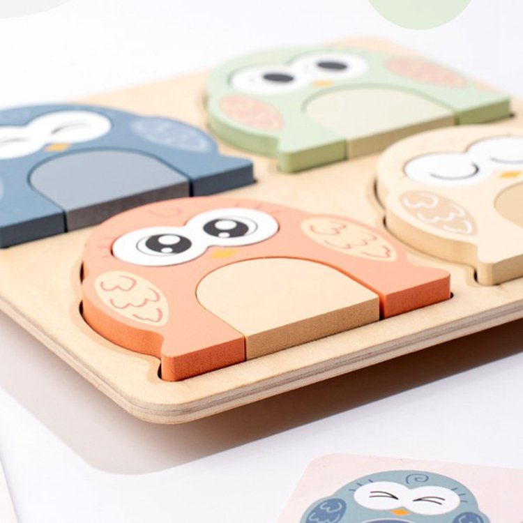 New design 3d face changing game Expressions Matching Blocks wooden cartoon owl puzzle with cards