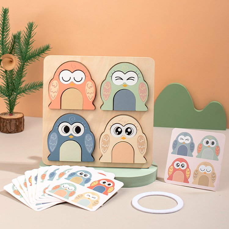 New design 3d face changing game Expressions Matching Blocks wooden cartoon owl puzzle with cards