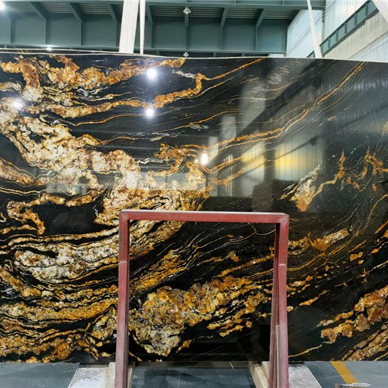 Large Size 3300*1800mm Book Matched Vein Cosmic Black Granite Slabs with Gold Vein for Hotel Project