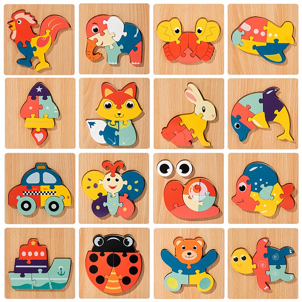 3D Cartoon Animal Jigsaw Puzzles for Kids Toddlers Wooden Montessori Educational Matching Toys Preschoolers
