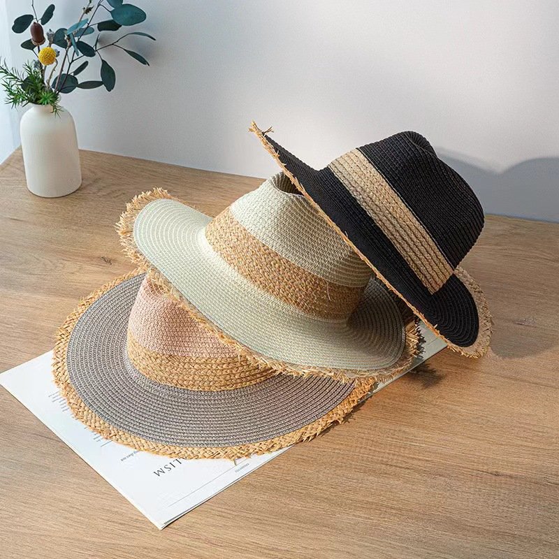 Summer Visor Breathable Floppy Wide Brim Sunshade Cowboy Pink Woven Women Color Matching Panama Fedora Straw Hat Beach Cap