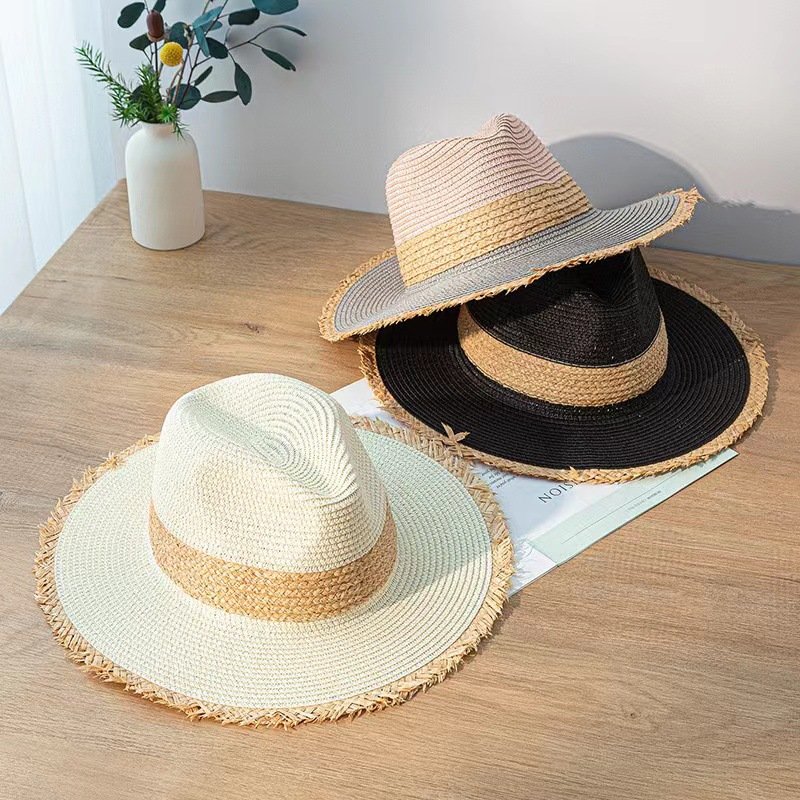 Summer Visor Breathable Floppy Wide Brim Sunshade Cowboy Pink Woven Women Color Matching Panama Fedora Straw Hat Beach Cap