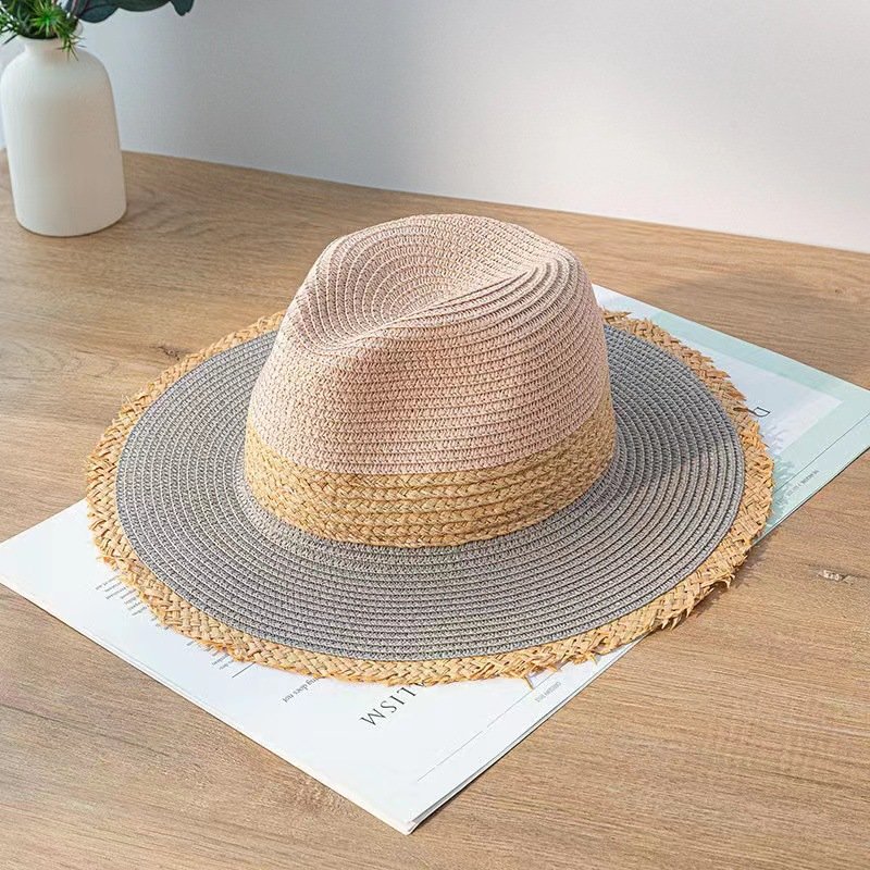 Summer Visor Breathable Floppy Wide Brim Sunshade Cowboy Pink Woven Women Color Matching Panama Fedora Straw Hat Beach Cap