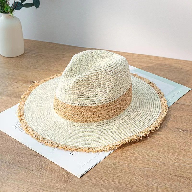 Summer Visor Breathable Floppy Wide Brim Sunshade Cowboy Pink Woven Women Color Matching Panama Fedora Straw Hat Beach Cap