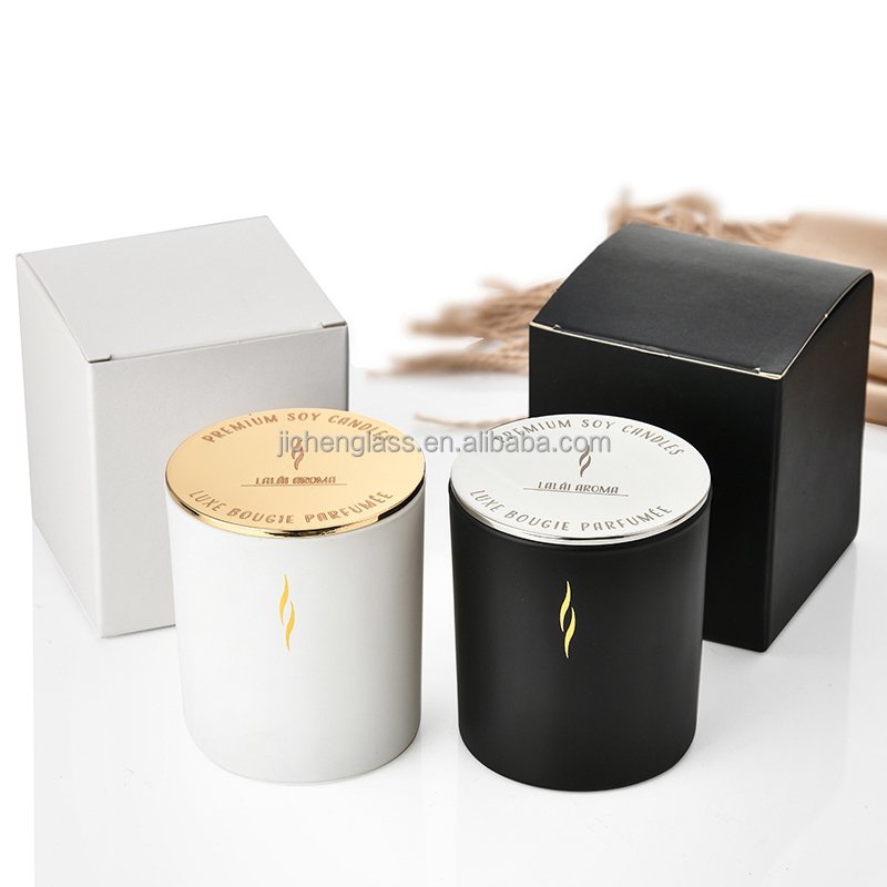 matched gold and silver metal lid matte white and black scented glass candle holder used for candle making as ornament