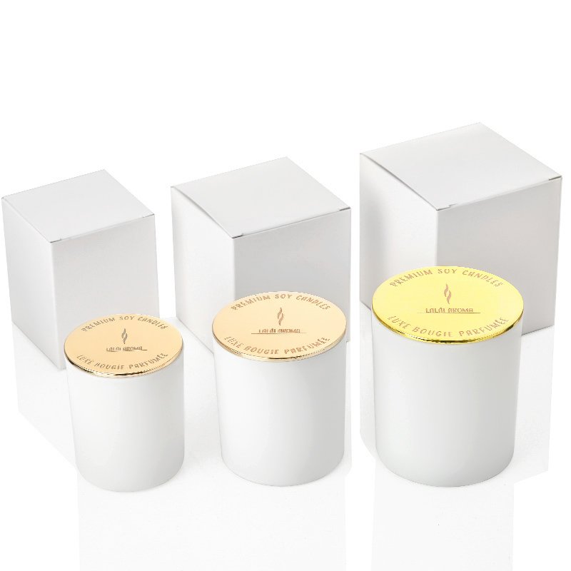 matched gold and silver metal lid matte white and black scented glass candle holder used for candle making as ornament