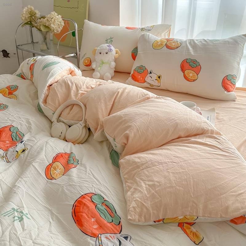 Bedding 2024 New Cartoon Printed Washed Cotton Four-Piece Set Persimmon Ruyi