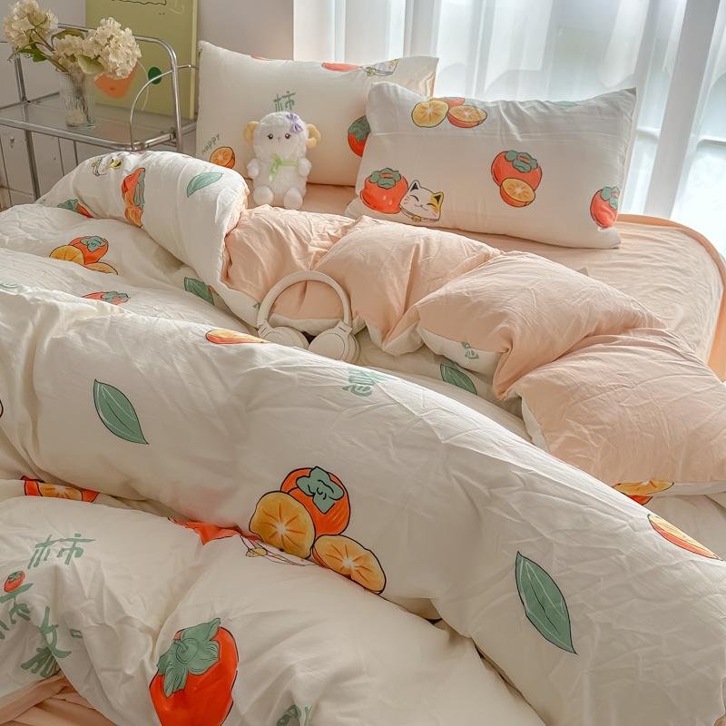 Bedding 2024 New Cartoon Printed Washed Cotton Four-Piece Set Persimmon Ruyi