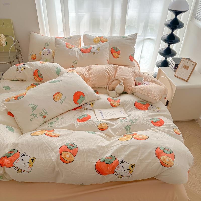 Bedding 2024 New Cartoon Printed Washed Cotton Four-Piece Set Persimmon Ruyi