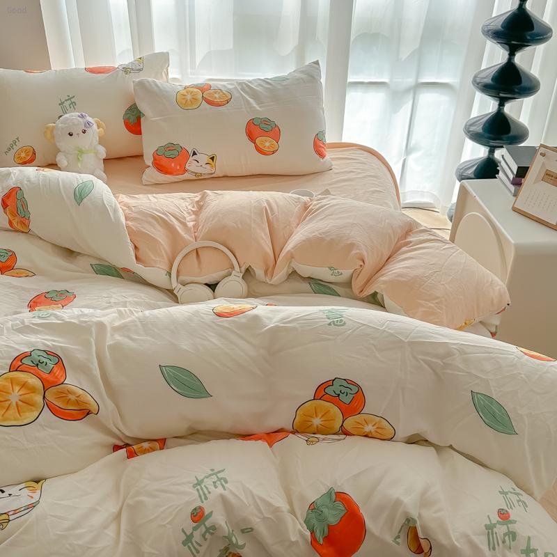 Bedding 2024 New Cartoon Printed Washed Cotton Four-Piece Set Persimmon Ruyi
