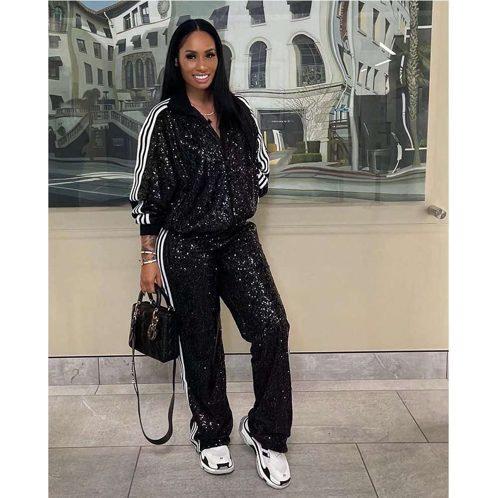 Gt9146 Autumn Sequin Long Sleeve Stand Collar Matching Jogger Pants 2 Piece Track Suit Set For Women Street Casual Wear