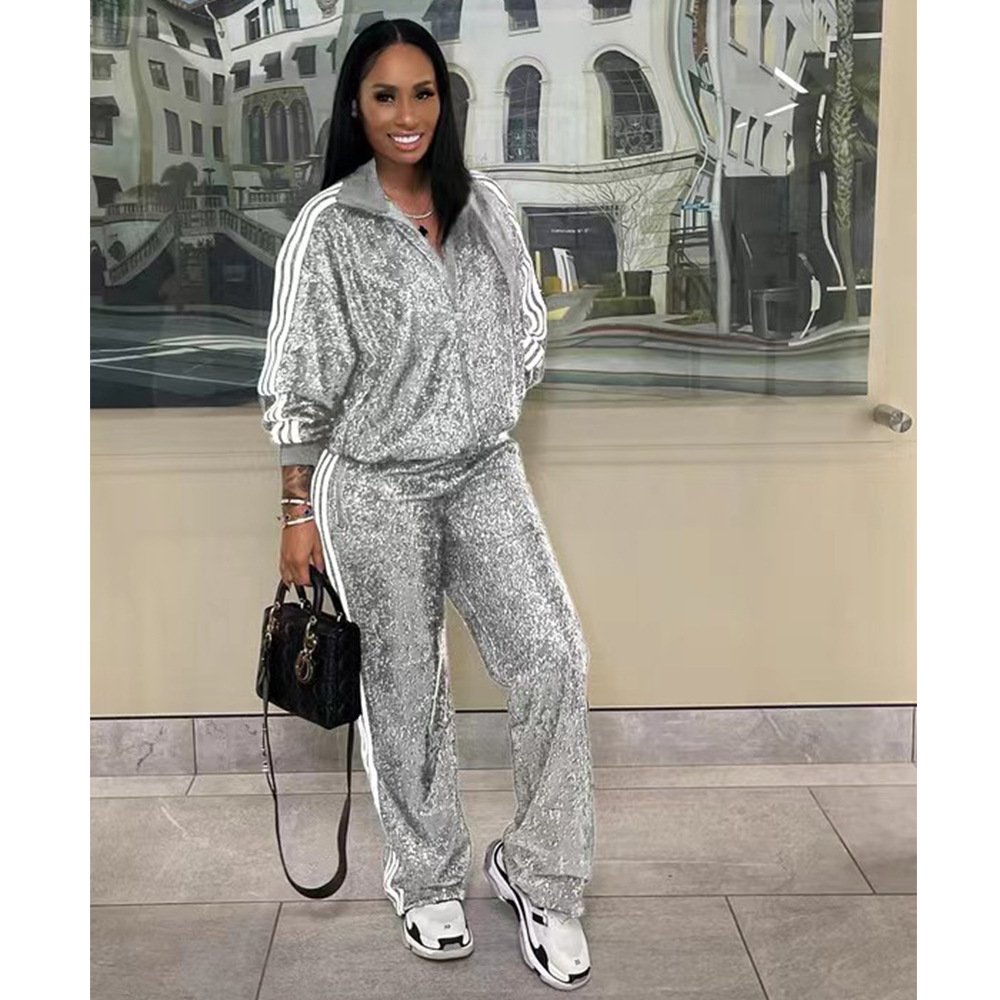 Gt9146 Autumn Sequin Long Sleeve Stand Collar Matching Jogger Pants 2 Piece Track Suit Set For Women Street Casual Wear
