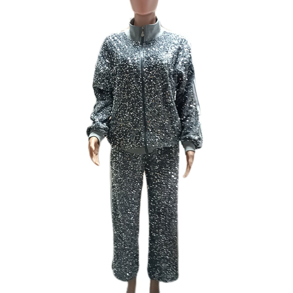 Gt9146 Autumn Sequin Long Sleeve Stand Collar Matching Jogger Pants 2 Piece Track Suit Set For Women Street Casual Wear