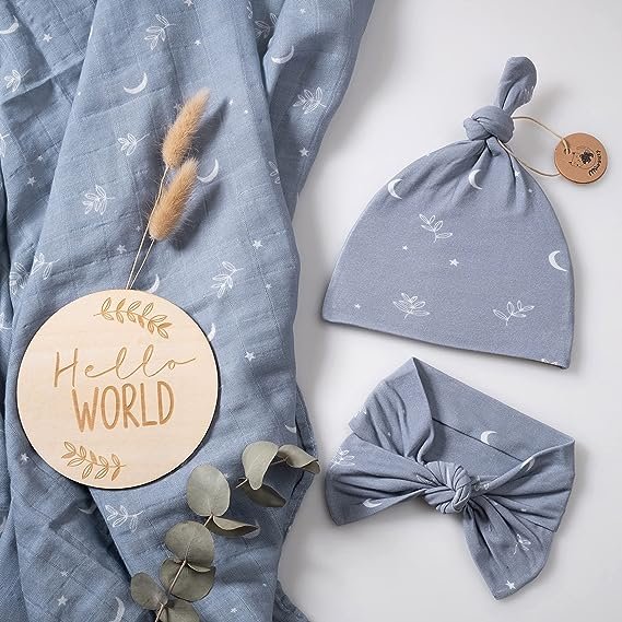 100% Organic Cotton Muslin Swaddle Blanket Set Matching Hat/Bow New Born Blanket Wrap