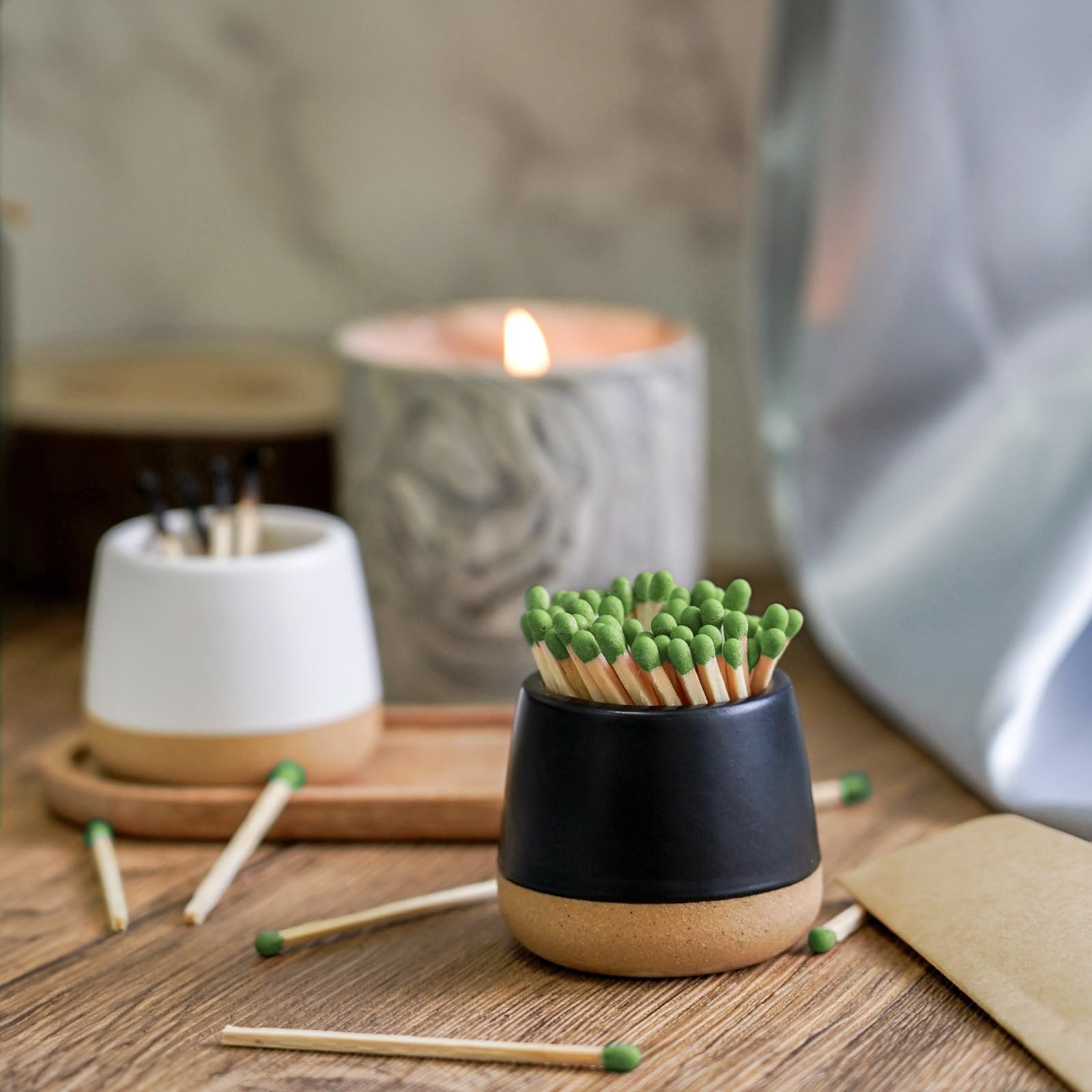 new arrive decorative ceramic match holder ceramic match striker holder with wooden tray for candle living room and home decor