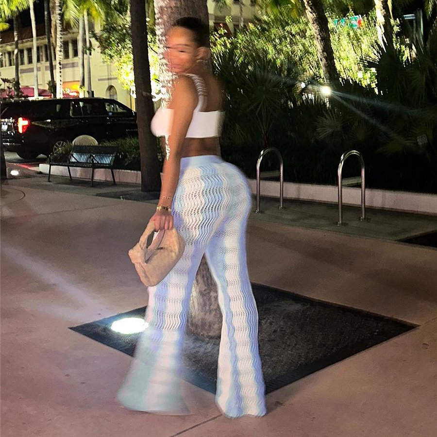 Kliou W23P34658 Casual Elastic High Waist All-matched Basic Flare Trousers Female Street Leggings Knit Striped Pants