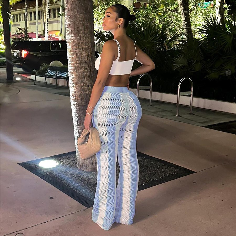 Kliou W23P34658 Casual Elastic High Waist All-matched Basic Flare Trousers Female Street Leggings Knit Striped Pants