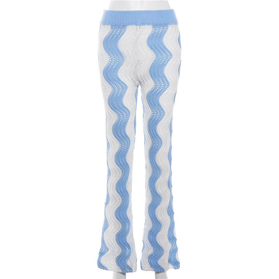 Kliou W23P34658 Casual Elastic High Waist All-matched Basic Flare Trousers Female Street Leggings Knit Striped Pants
