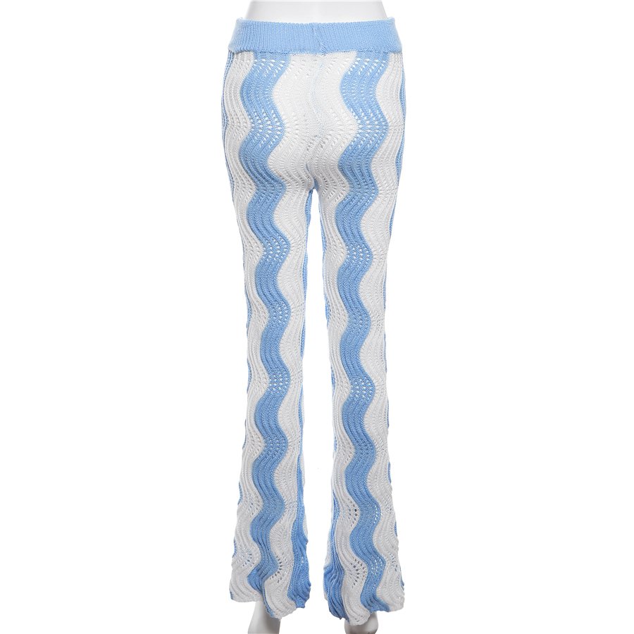 Kliou W23P34658 Casual Elastic High Waist All-matched Basic Flare Trousers Female Street Leggings Knit Striped Pants