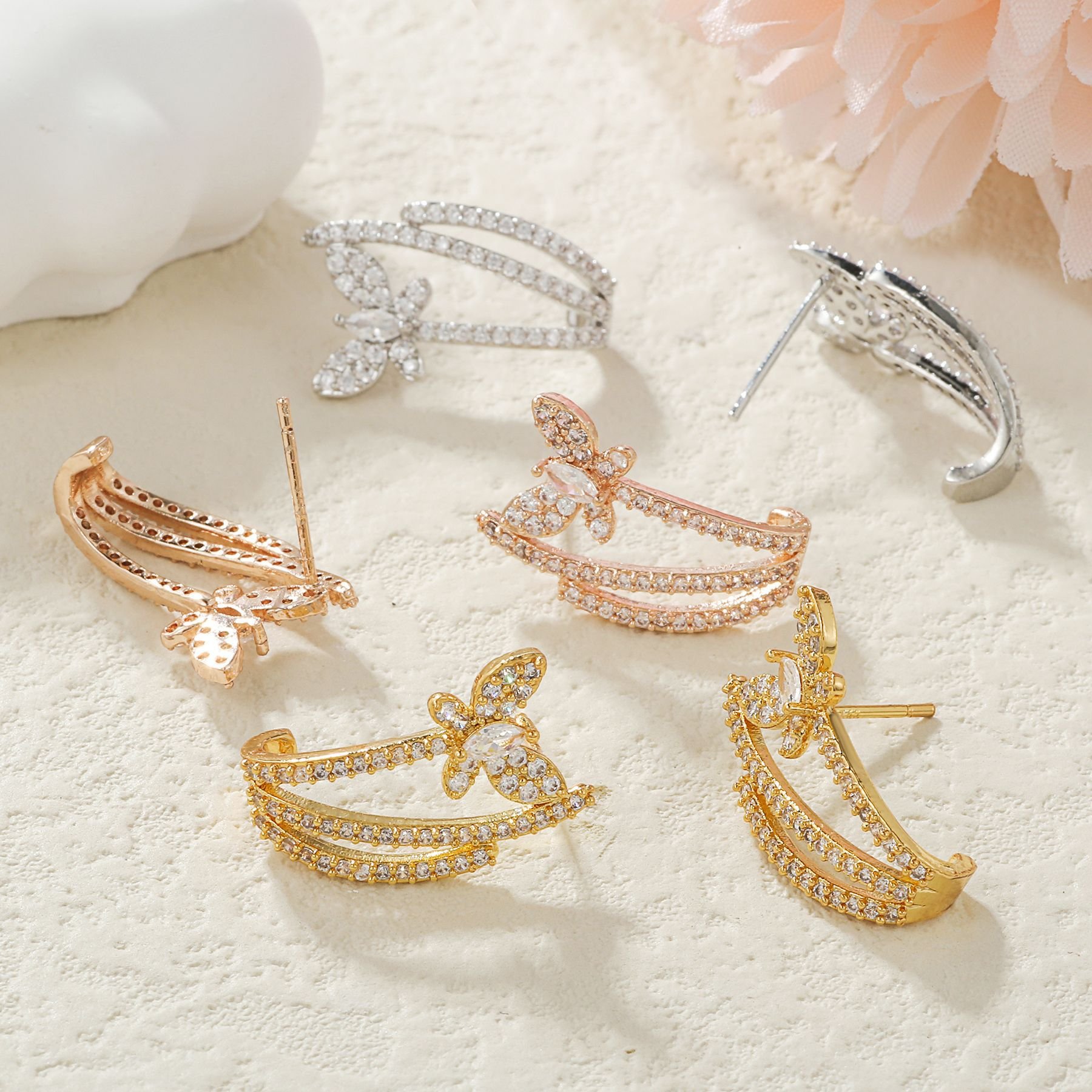 Factory Custom Zircon Butterfly Earrings French Niche Design Artistic Sense Studs Simple Fashion Mix And Match Ear Studs Female