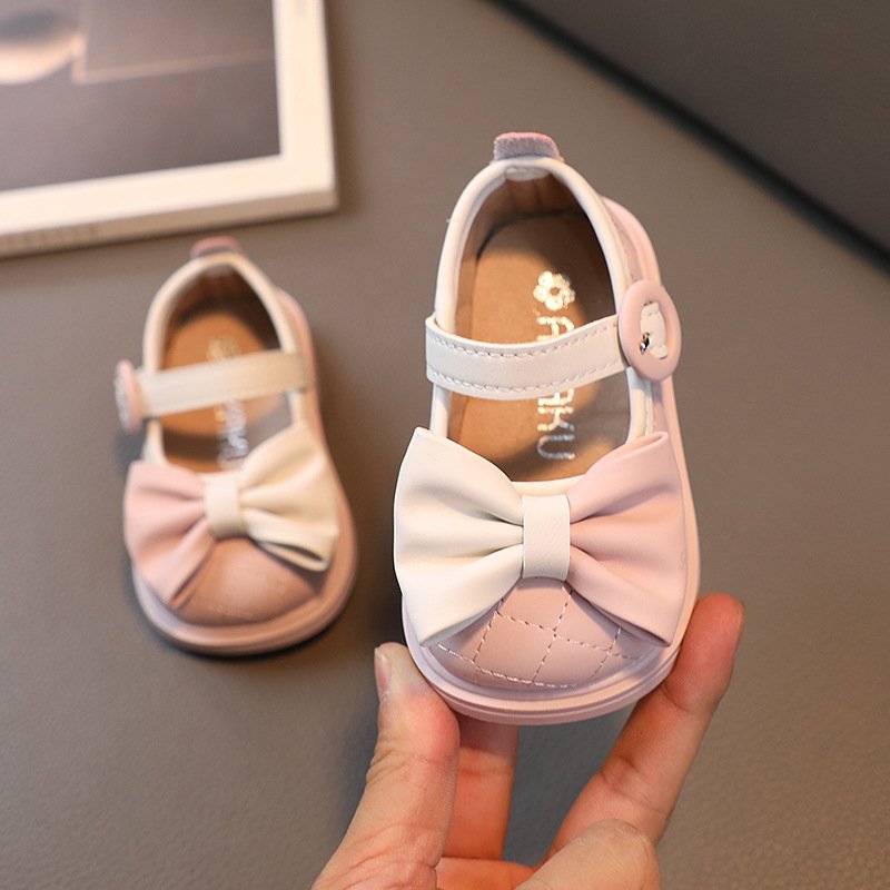 Girls matching color bow small leather shoes autumn new baby fashion elegant soft soles non-slip princess shoes