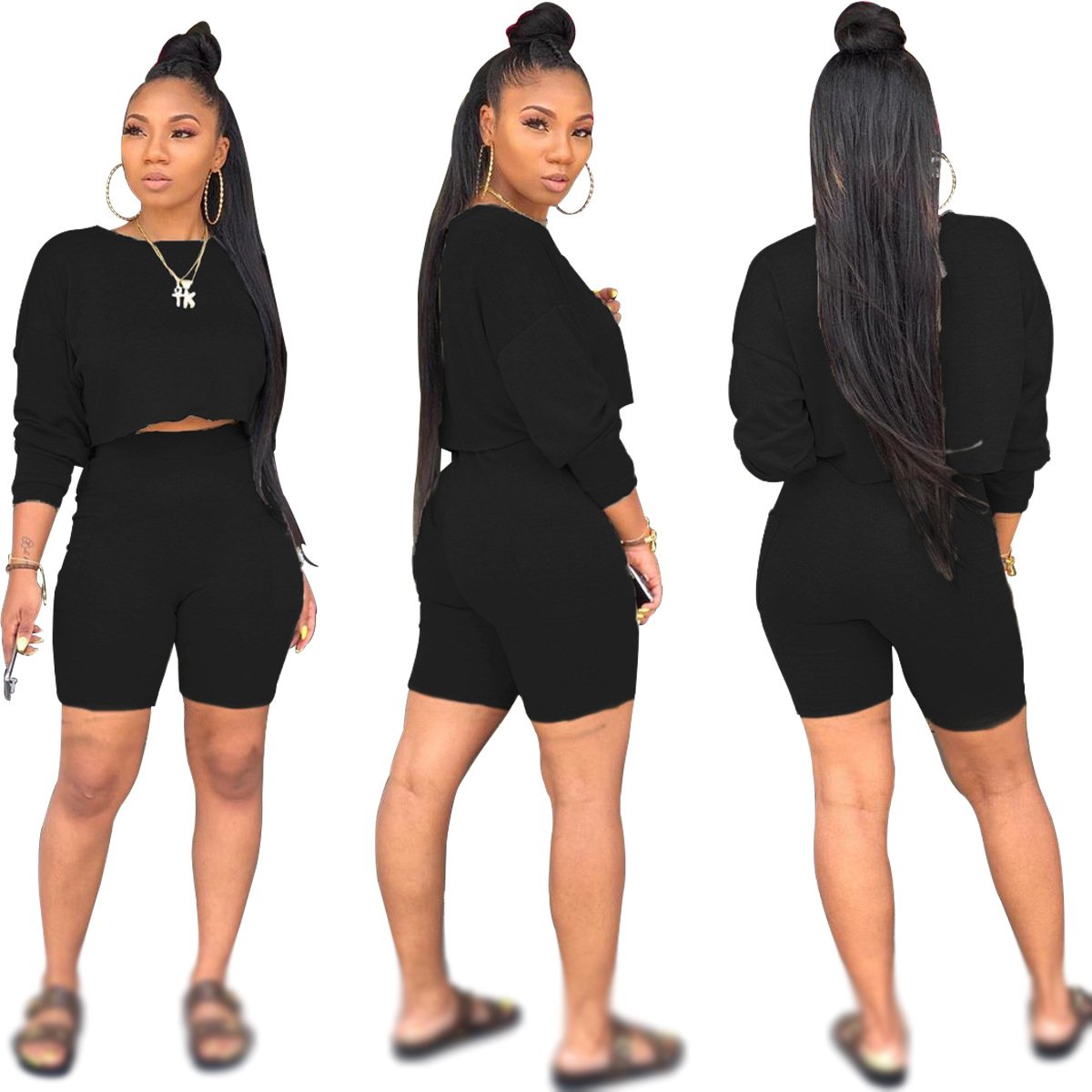 Customization 2024 New Summer Long-sleeved Shorts With Pocket Casual Lady Solid Color 2Pcs Suit Matching Soft Women Clothes Set