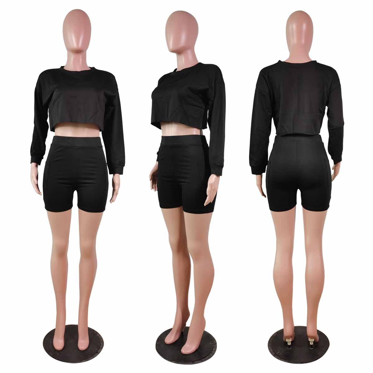 Customization 2024 New Summer Long-sleeved Shorts With Pocket Casual Lady Solid Color 2Pcs Suit Matching Soft Women Clothes Set