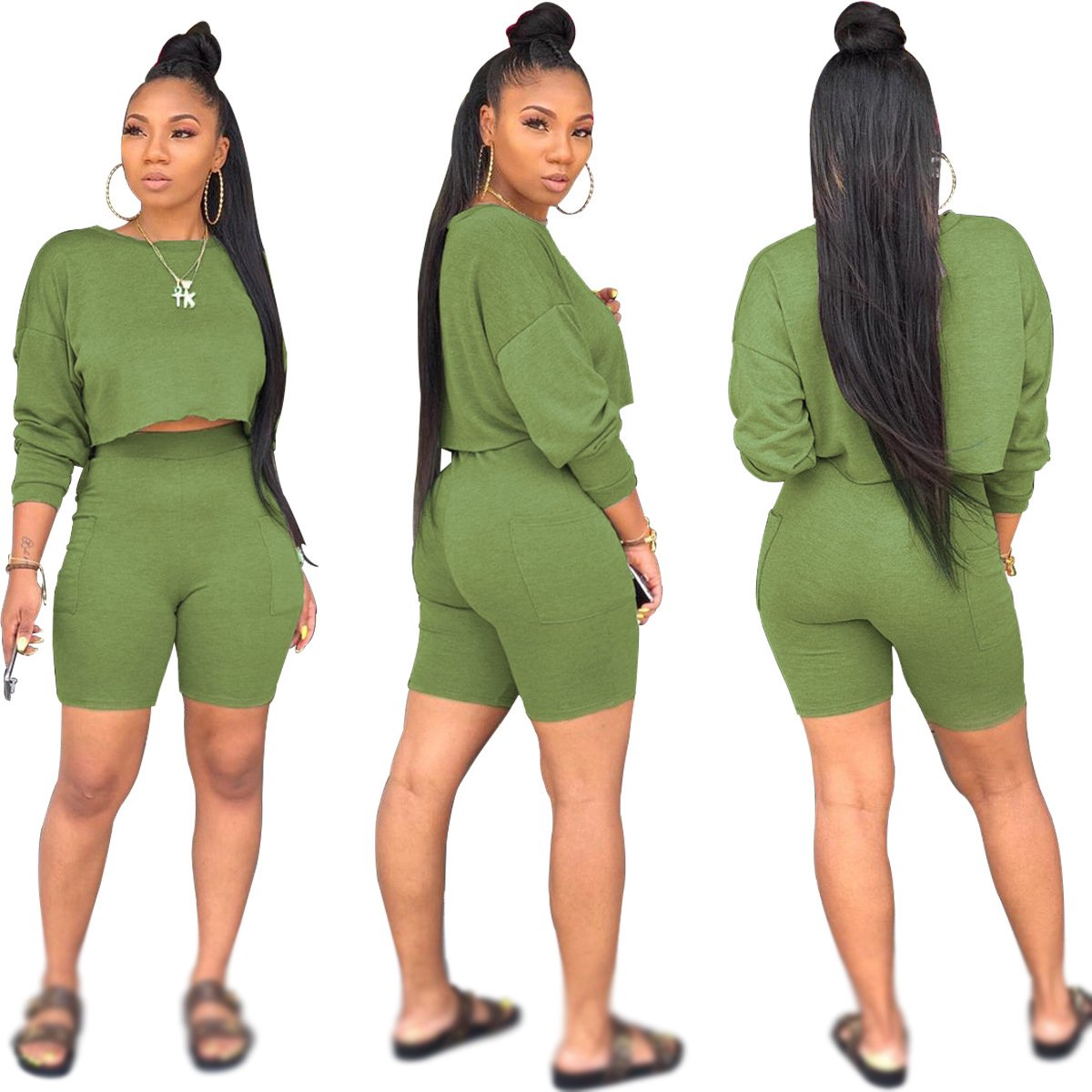 Customization 2024 New Summer Long-sleeved Shorts With Pocket Casual Lady Solid Color 2Pcs Suit Matching Soft Women Clothes Set