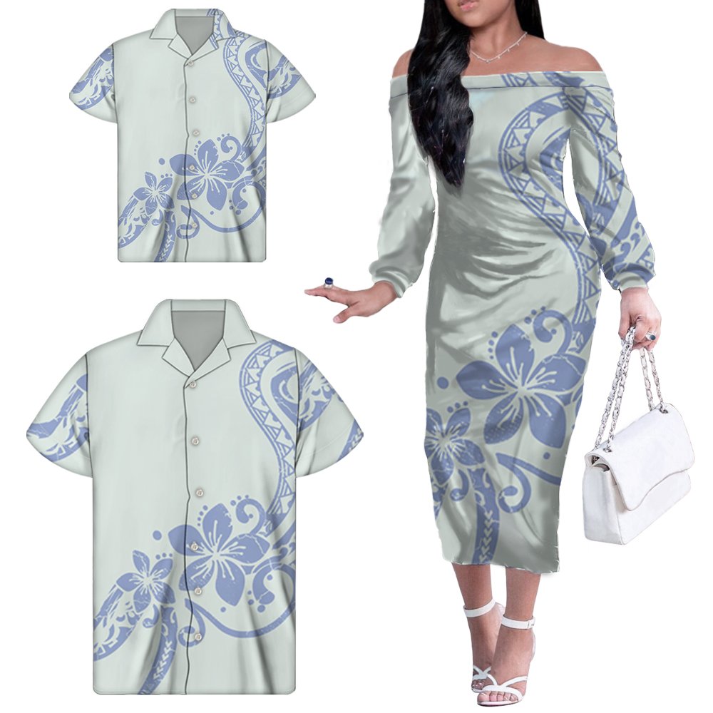 Custom Family Matching Outfits Black Polynesian Tribal Floral Off Shoulder Dress Matching Men Shirt And Kids Shirt Elegant Dress