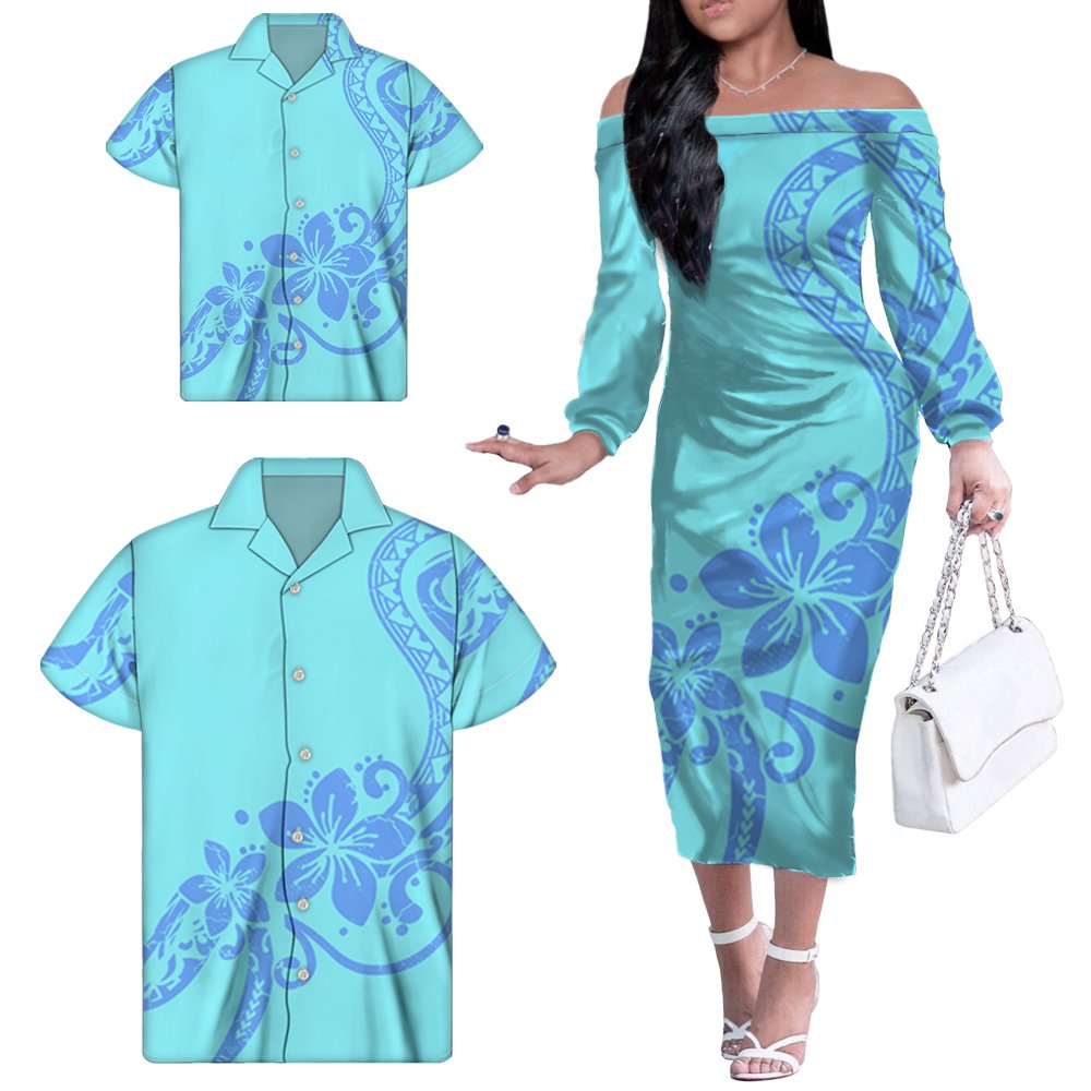 Custom Family Matching Outfits Black Polynesian Tribal Floral Off Shoulder Dress Matching Men Shirt And Kids Shirt Elegant Dress