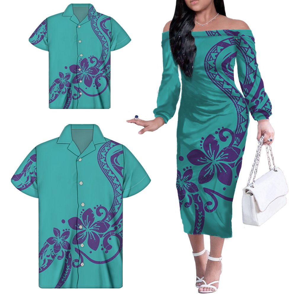 Custom Family Matching Outfits Black Polynesian Tribal Floral Off Shoulder Dress Matching Men Shirt And Kids Shirt Elegant Dress