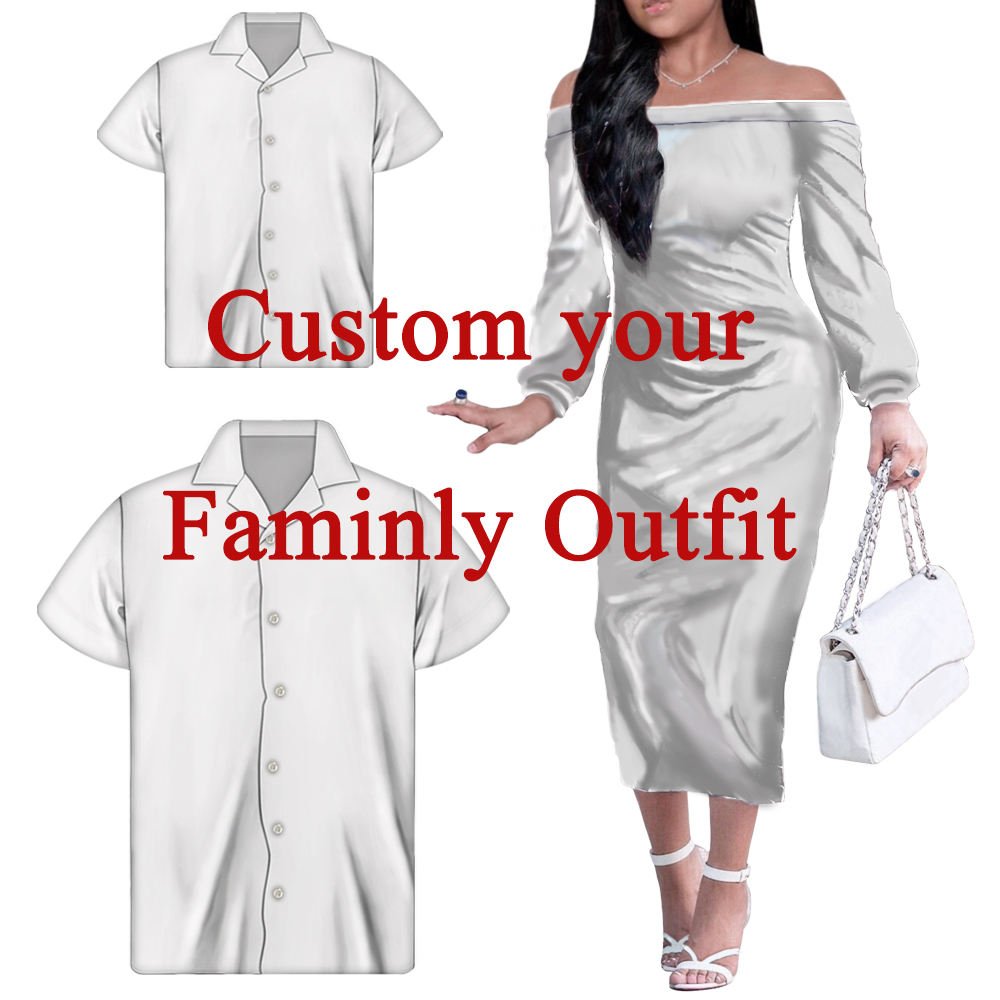 Custom Family Matching Outfits Black Polynesian Tribal Floral Off Shoulder Dress Matching Men Shirt And Kids Shirt Elegant Dress