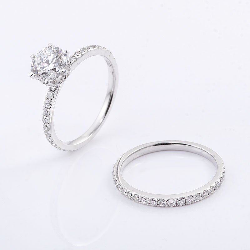 Everlasting diamond engagement ring set with matching band in 18k white gold setting exquisite fine lab diamond jewelry
