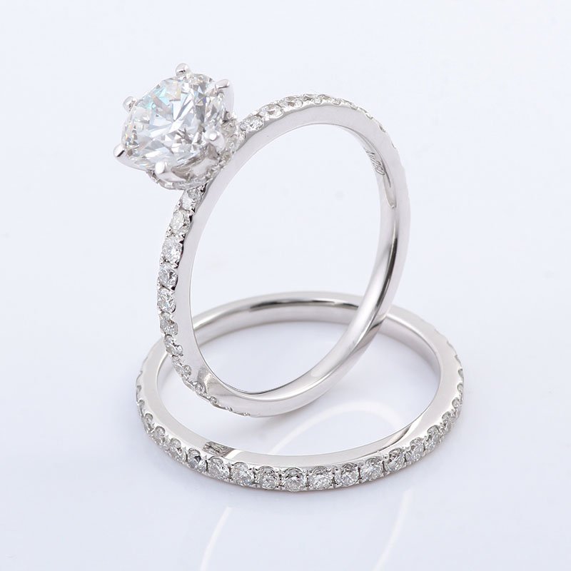 Everlasting diamond engagement ring set with matching band in 18k white gold setting exquisite fine lab diamond jewelry