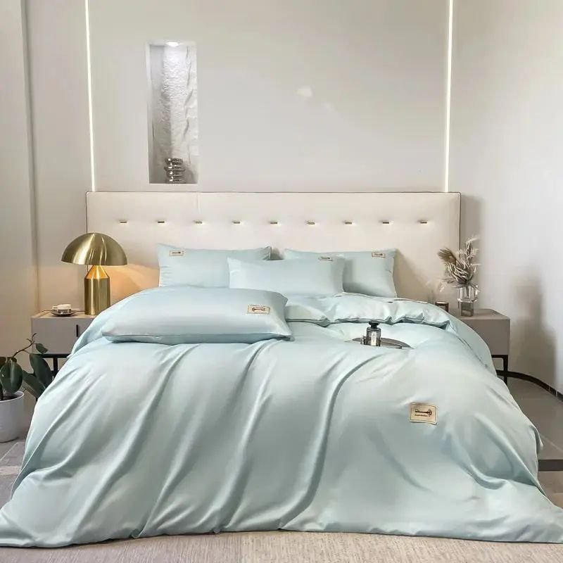 Custom Fitted Four Piece Ice Silk Double Bed Cotton Satin Polyester Bedding Set With Matching Curtains