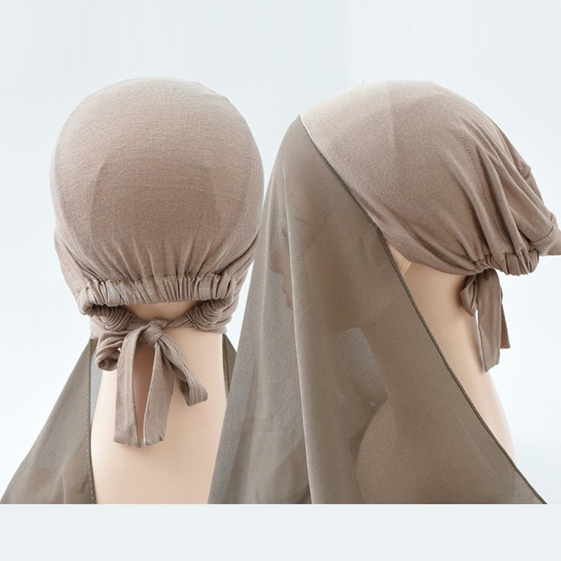Solid Color Women's Cotton Chiffon Hijab Shawl and Matching Modal Cap Instant Muslim Scarf with Long Undercap
